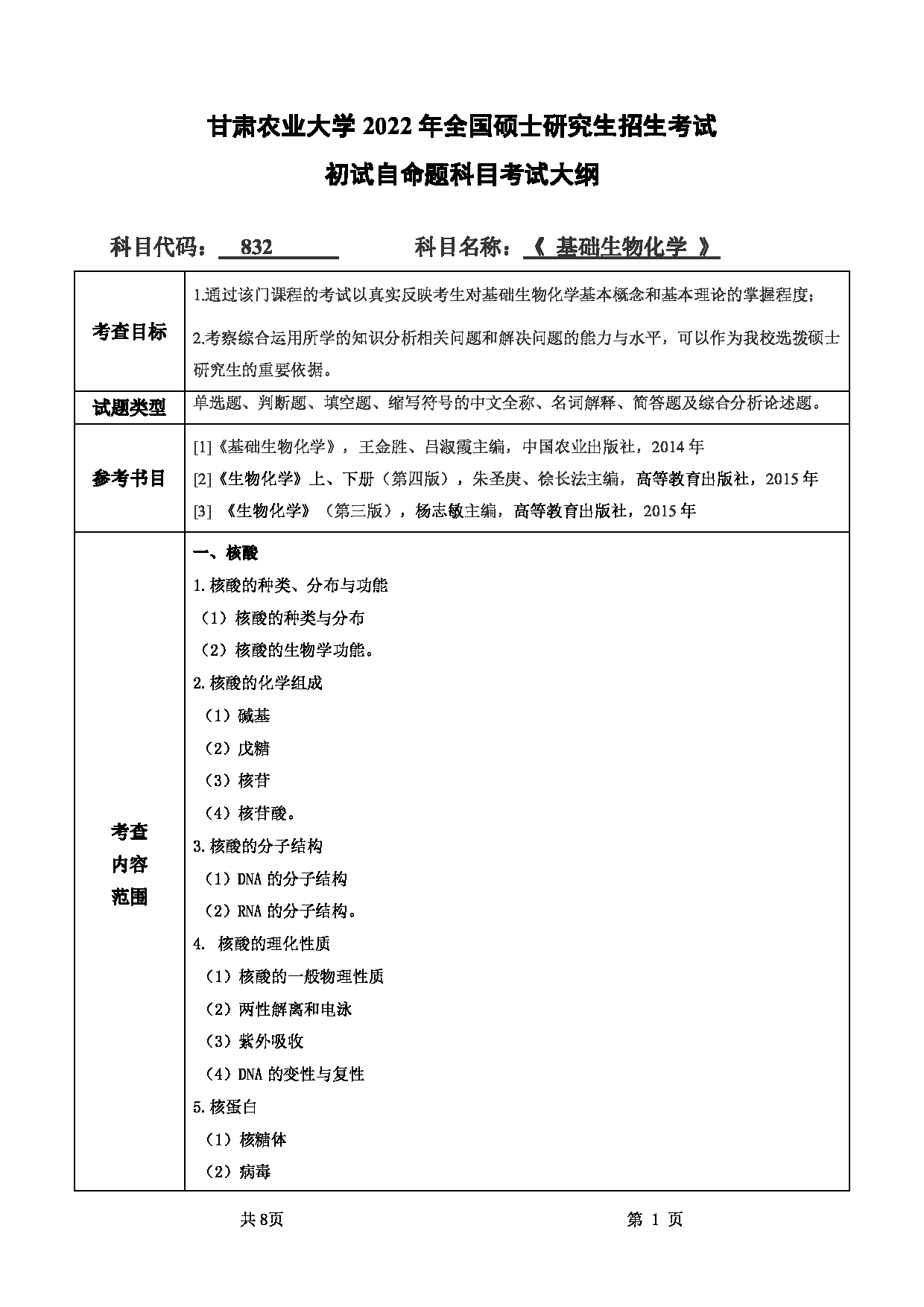 2022考研大纲：甘肃农业大学2022年考研初试科目 832-《基础生物化学》考试大纲 考试大纲第1页