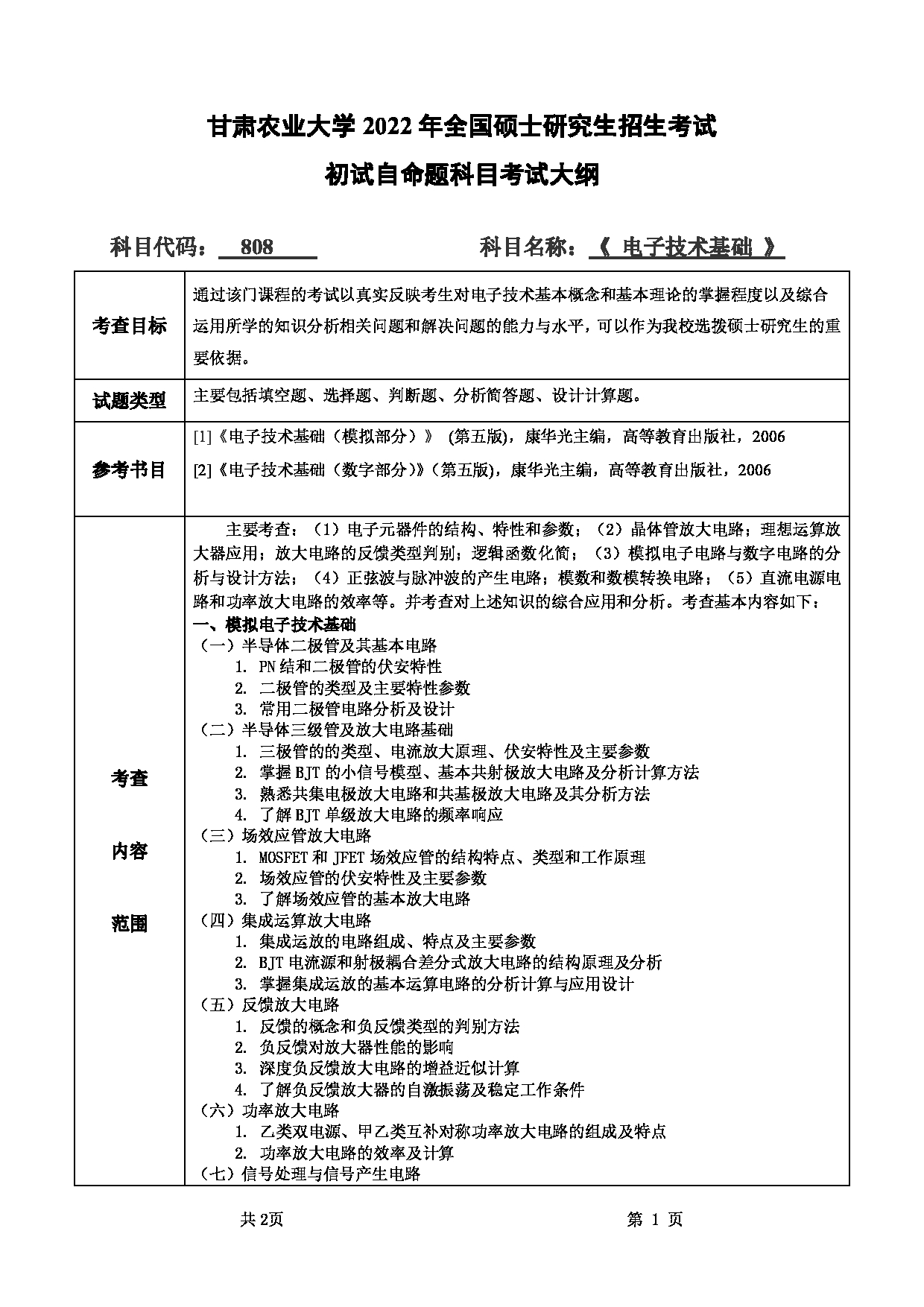 2022考研大纲：甘肃农业大学2022年考研初试科目 808-《电子技术基础》考试大纲 考试大纲第1页