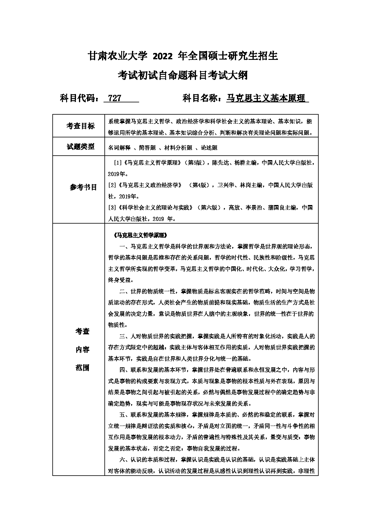 2022考研大纲：甘肃农业大学2022年考研初试科目 727-《马克思主义基本原理》考试大纲 考试大纲第1页