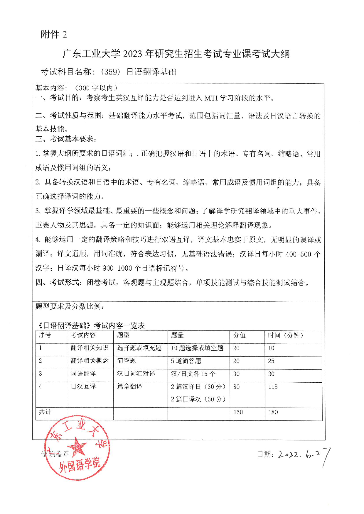 2023考研大纲：广东工业大学2023年考研自命题科目 (359)日语翻译基础 考试大纲第1页