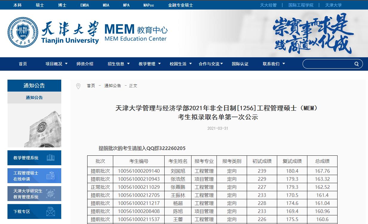 2021考研拟录取名单：天津大学管理与经济学部2021年非全日制[1256]工程管理硕士（MEM）考生拟录取名单第一次公示