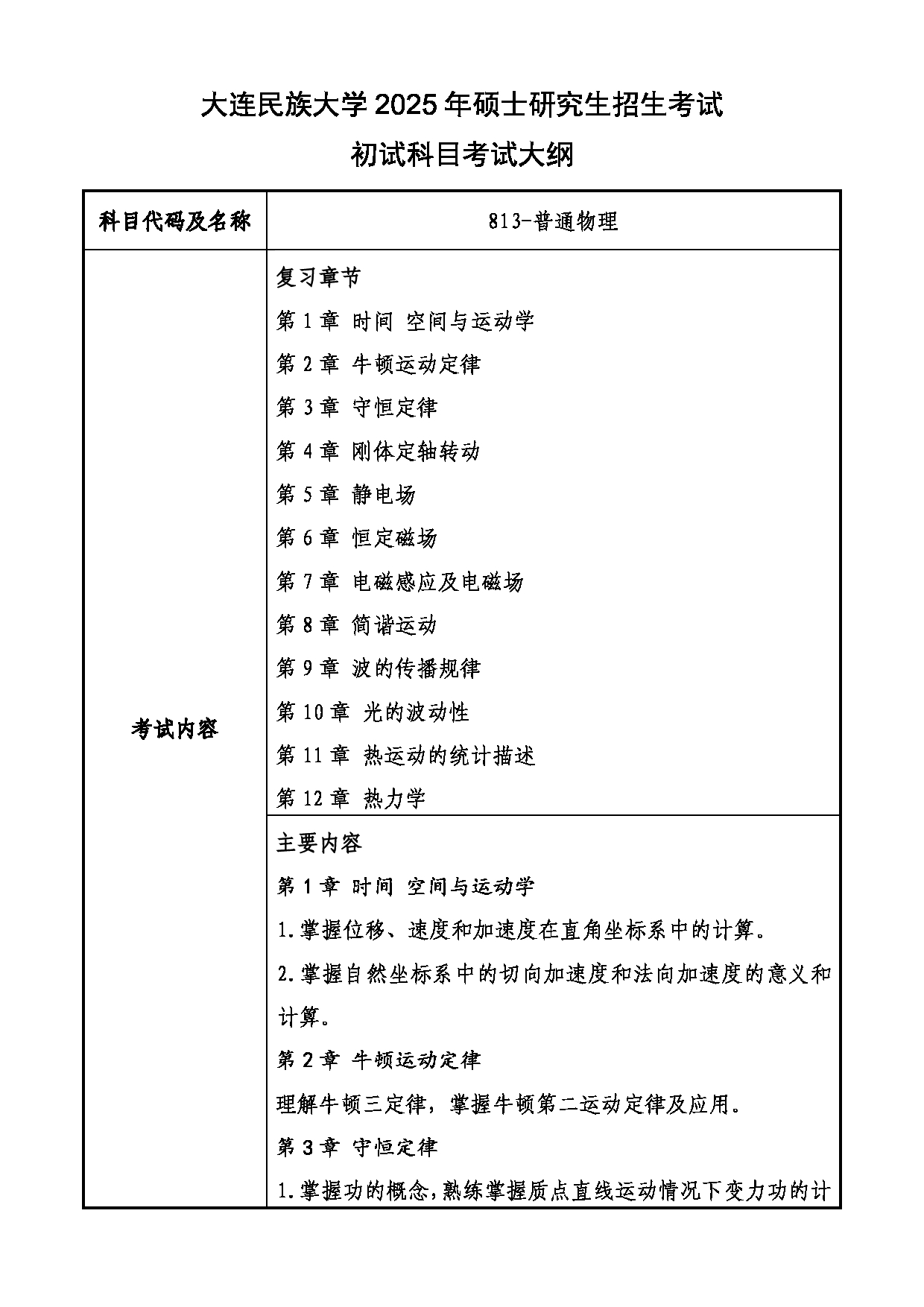 2025考研大纲：大连民族大学2025年考研自命题科目 813-普通物理 考试大纲第1页