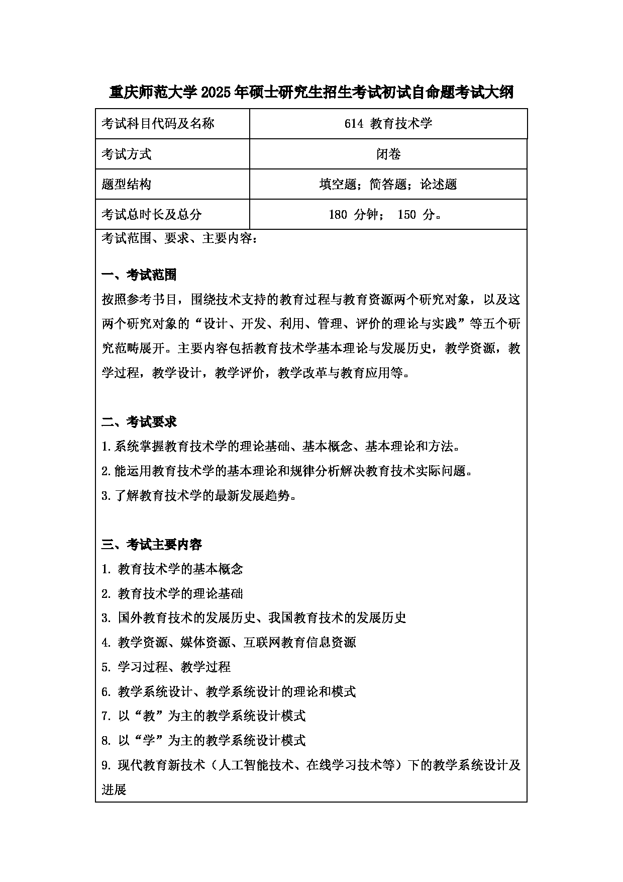 2025考研大纲：重庆师范大学2025年考研自命题科目 614教育技术学 考试大纲第1页