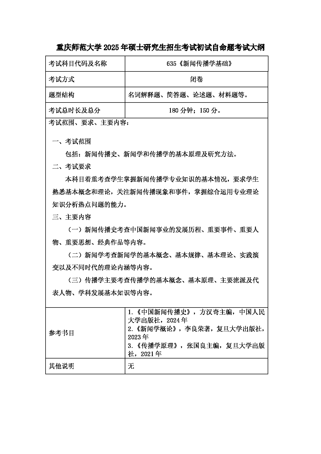 2025考研大纲：重庆师范大学2025年考研自命题科目 635新闻传播学基础 考试大纲第1页