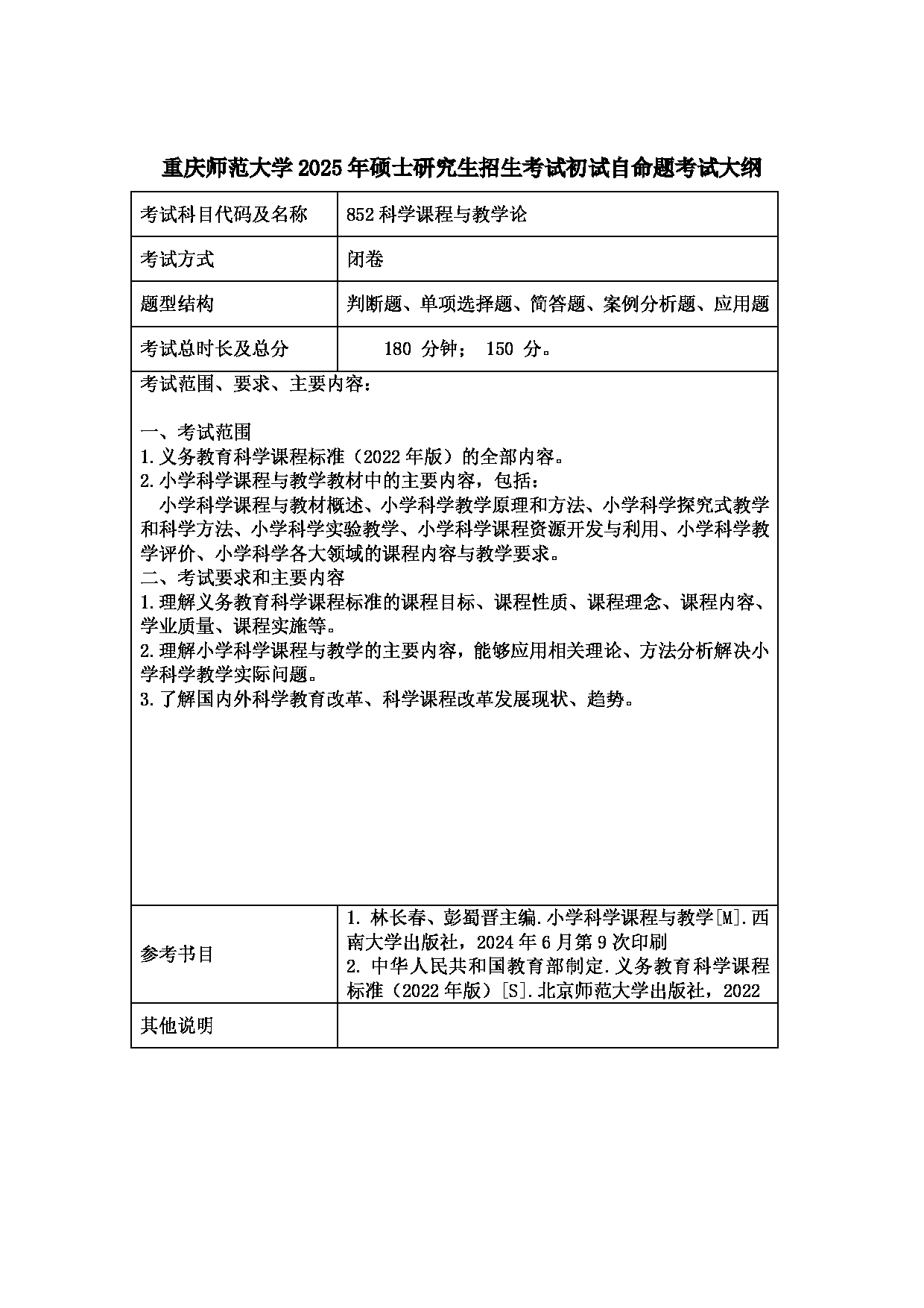 2025考研大纲：重庆师范大学2025年考研自命题科目 852科学课程与教学论 考试大纲第1页