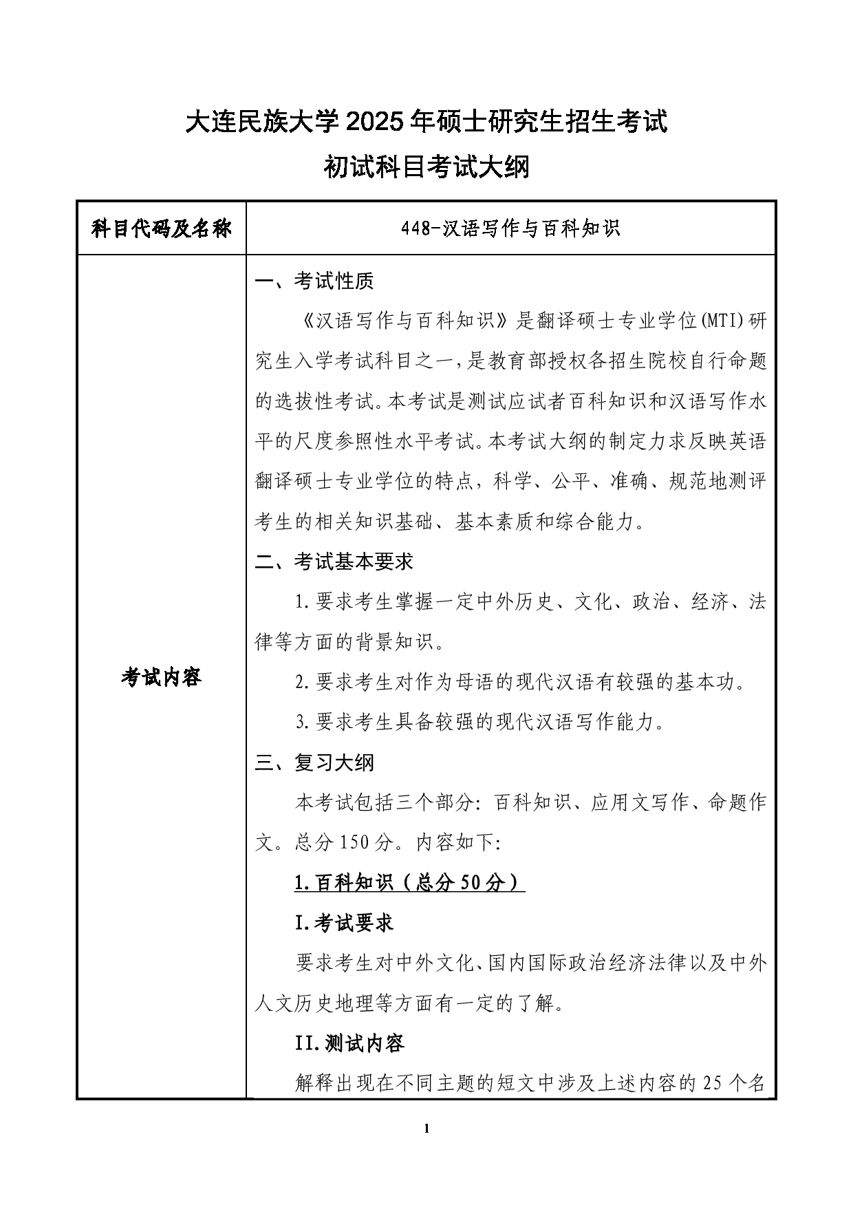 2025考研大纲：大连民族大学2025年考研自命题科目 448-汉语写作与百科知识 考试大纲第1页