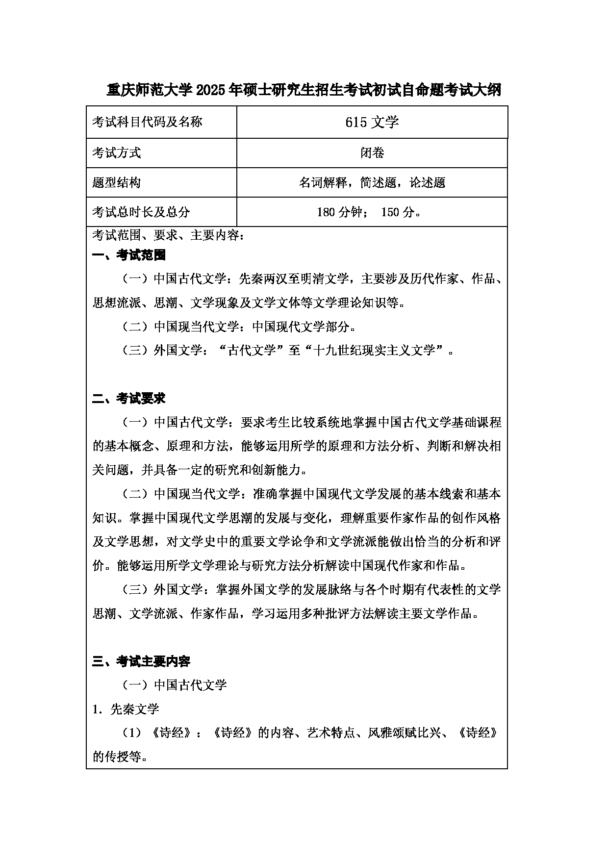 2025考研大纲：重庆师范大学2025年考研自命题科目 615文学 考试大纲第1页