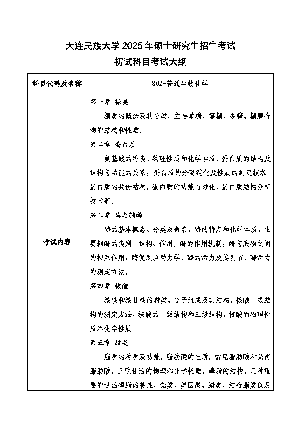 2025考研大纲：大连民族大学2025年考研自命题科目 802-普通生物化学 考试大纲第1页