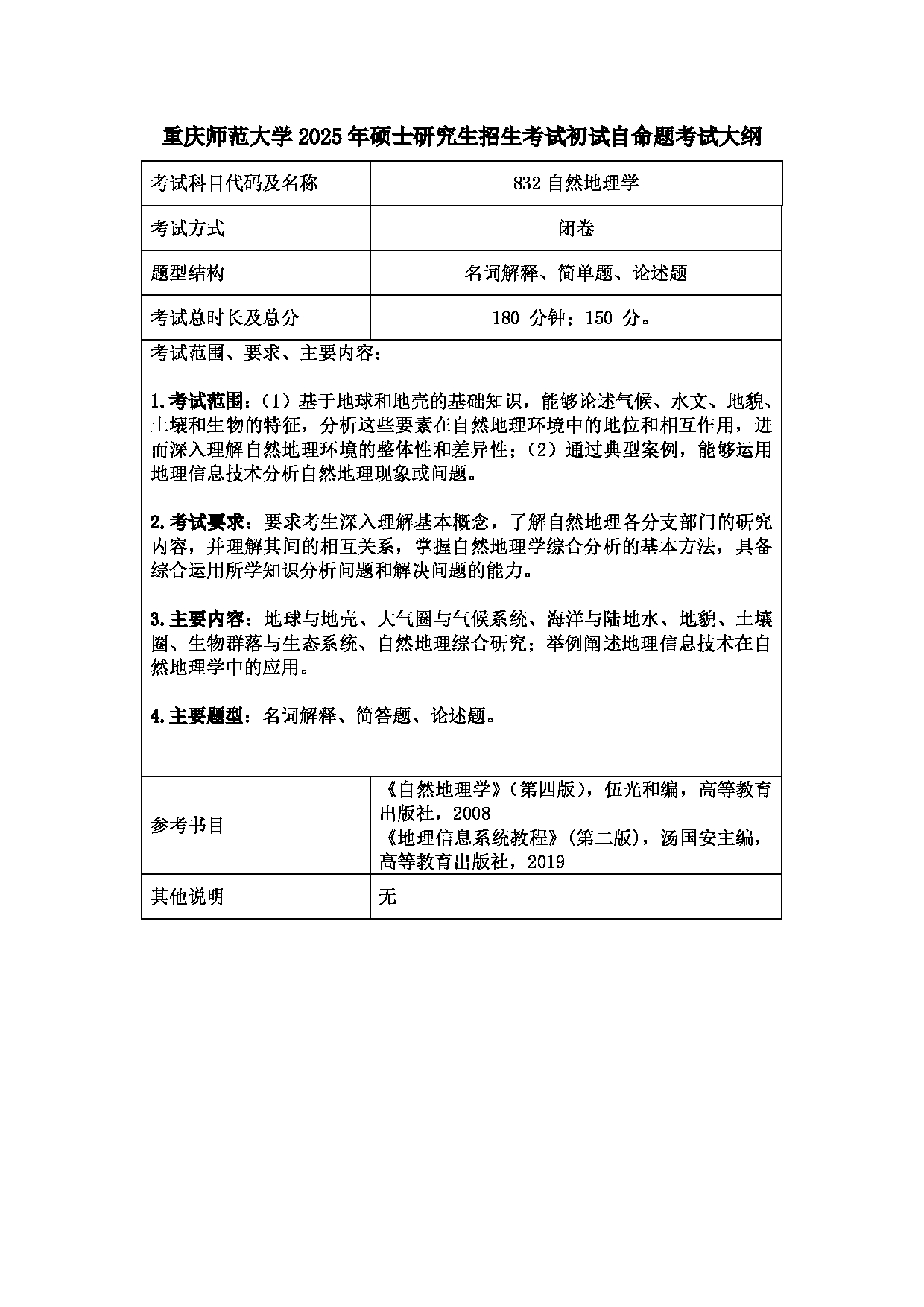 2025考研大纲：重庆师范大学2025年考研自命题科目 832自然地理学 考试大纲第1页