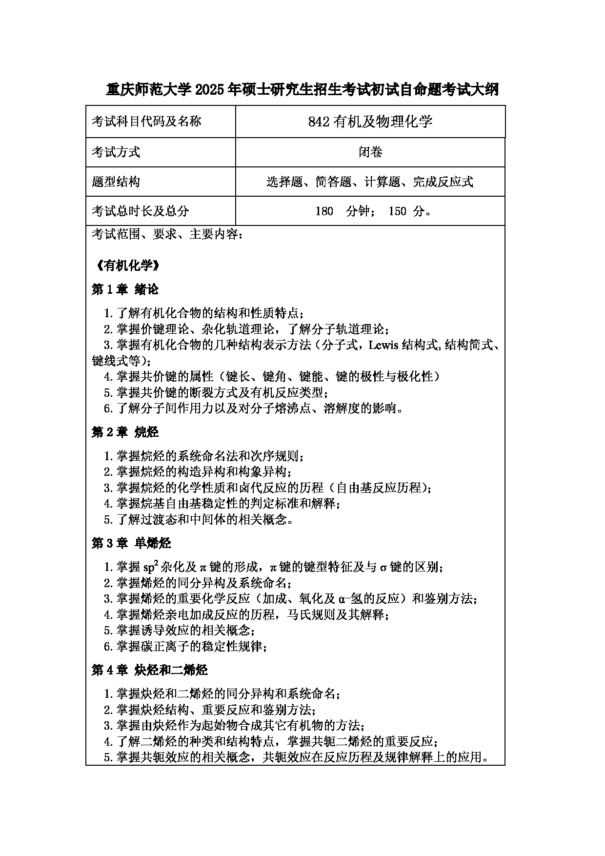 2025考研大纲：重庆师范大学2025年考研自命题科目 842有机及物理化学 考试大纲第1页