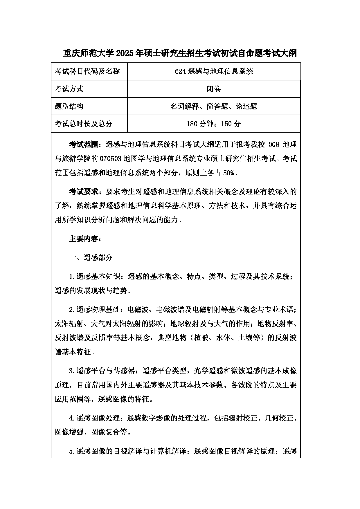 2025考研大纲：重庆师范大学2025年考研自命题科目 624遥感与地理信息 考试大纲第1页