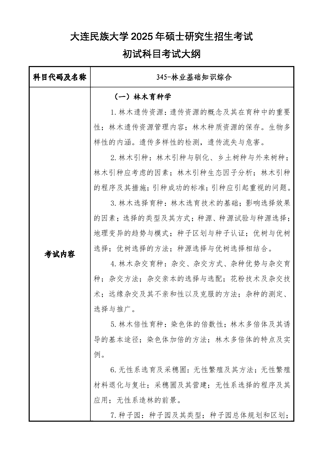 2025考研大纲：大连民族大学2025年考研自命题科目 345-林业基础知识综合 考试大纲第1页