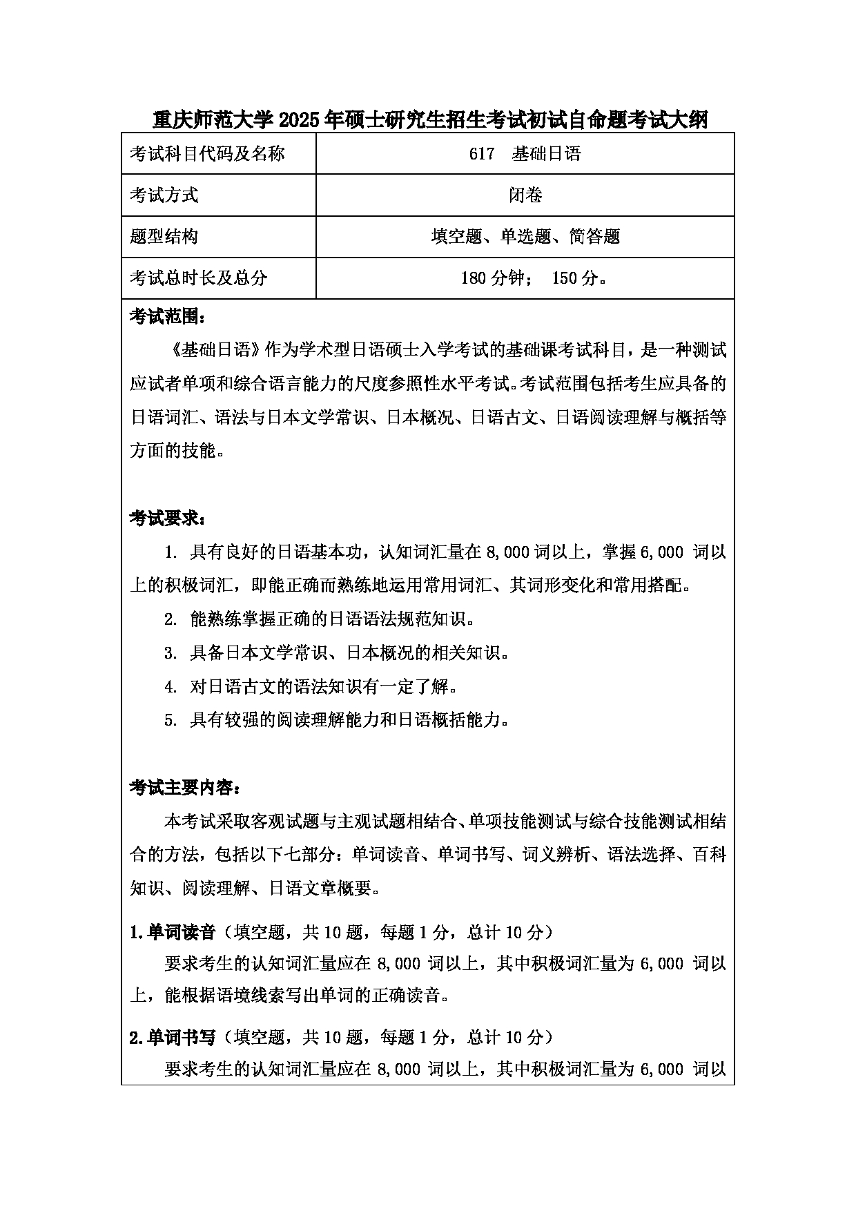 2025考研大纲：重庆师范大学2025年考研自命题科目 617基础日语 考试大纲第1页