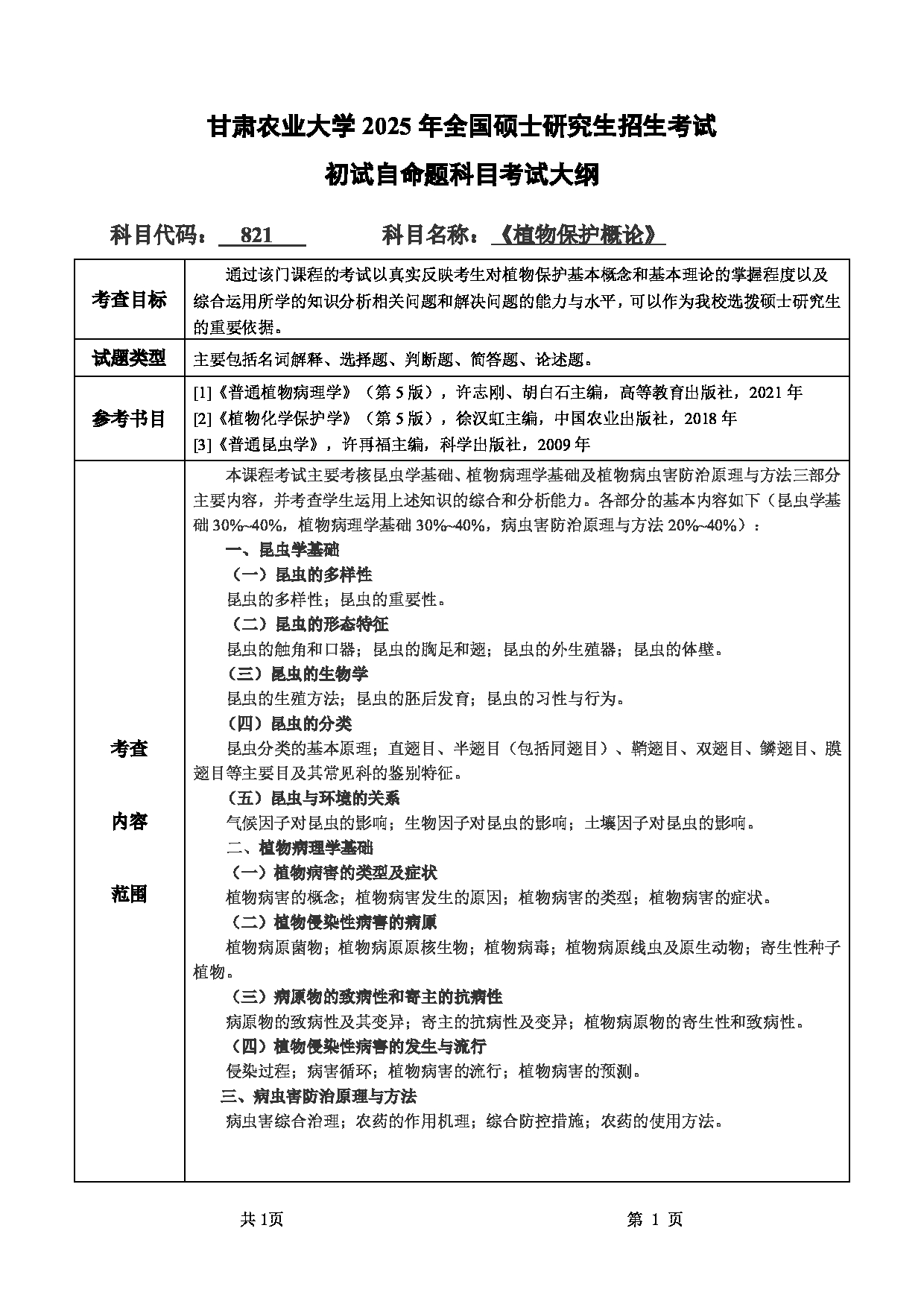 2025考研大纲：甘肃农业大学2025年考研自命题科目 821植物保护概论 考试大纲第1页