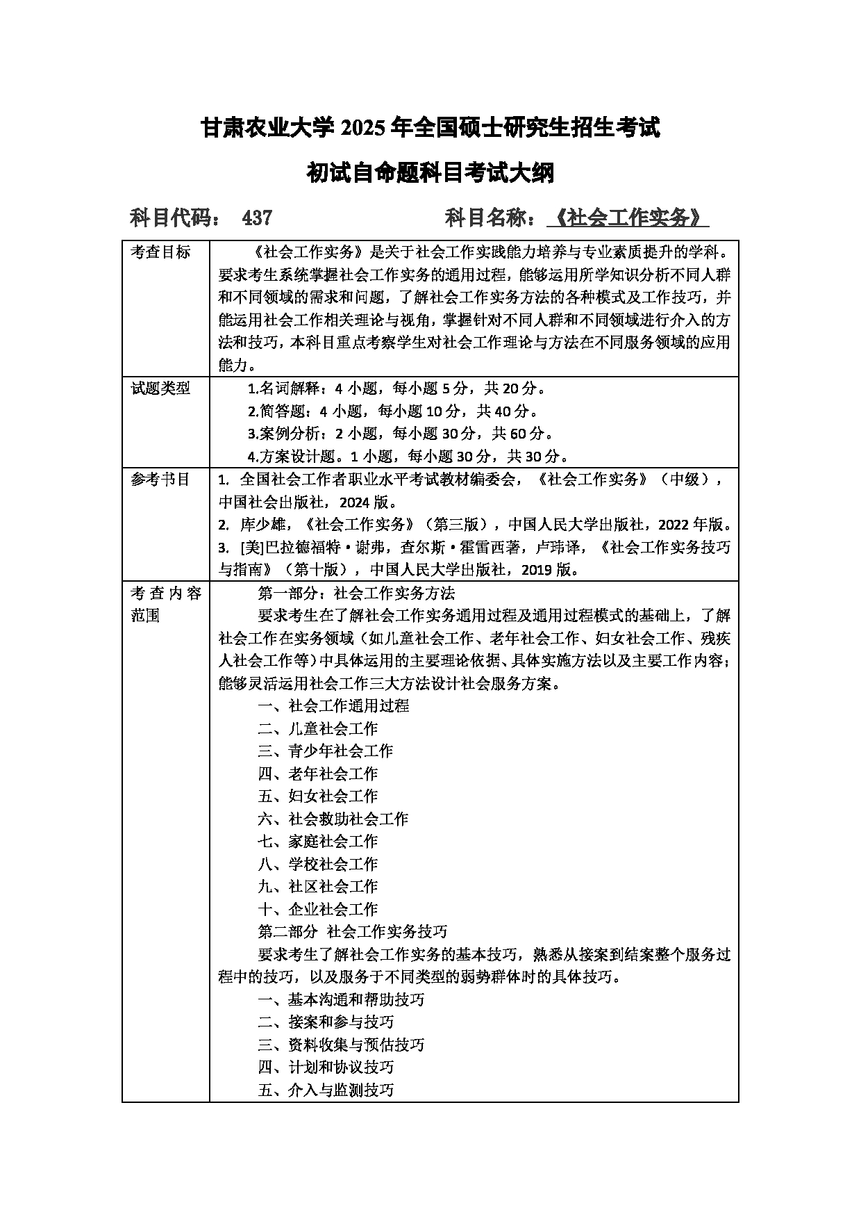 2025考研大纲：甘肃农业大学2025年考研自命题科目 437社会工作实务 考试大纲第1页