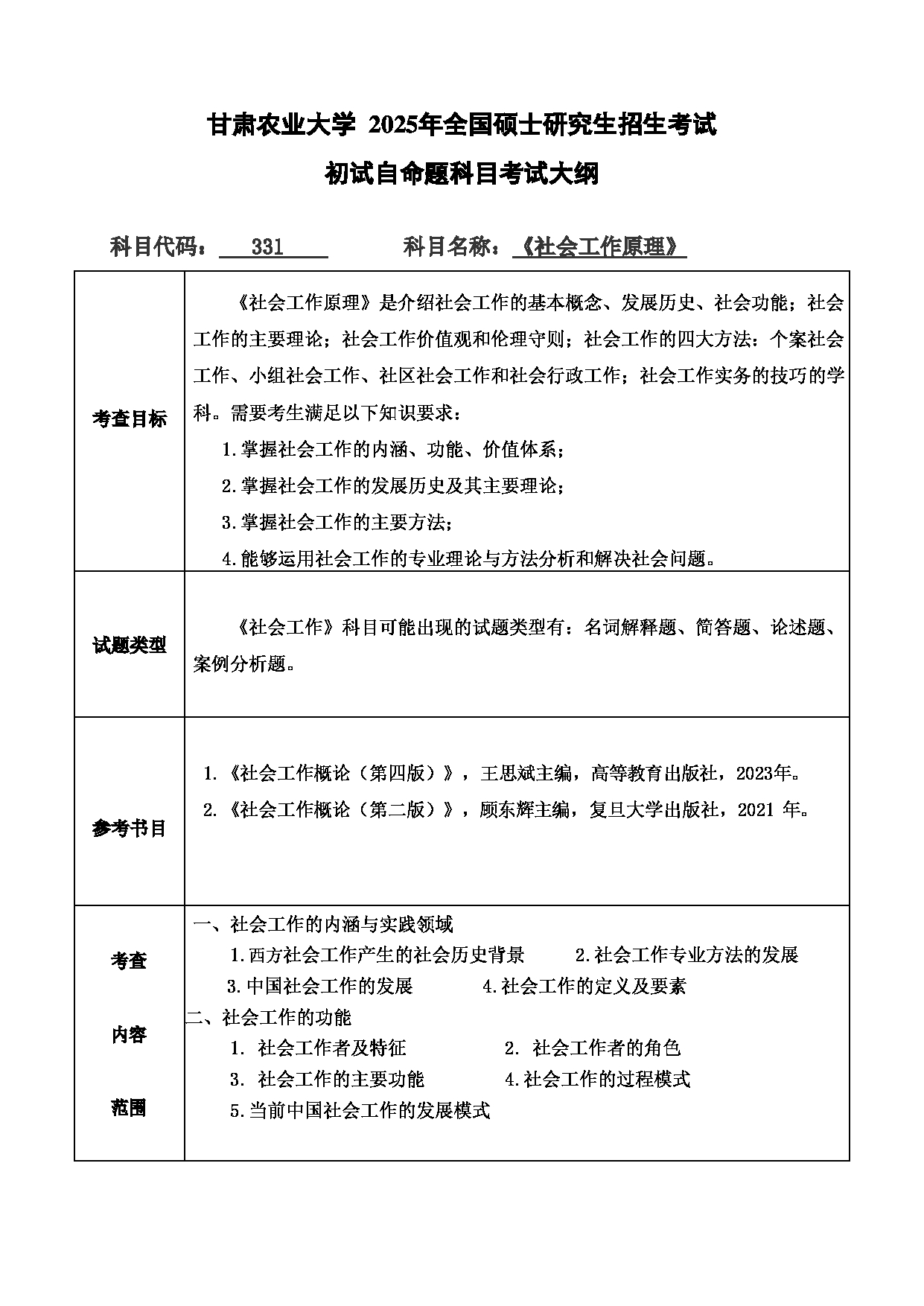 2025考研大纲：甘肃农业大学2025年考研自命题科目 331社会工作原理 考试大纲第1页