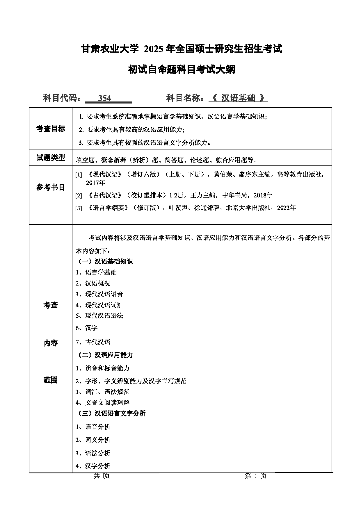 2025考研大纲：甘肃农业大学2025年考研自命题科目 354汉语基础 考试大纲第1页