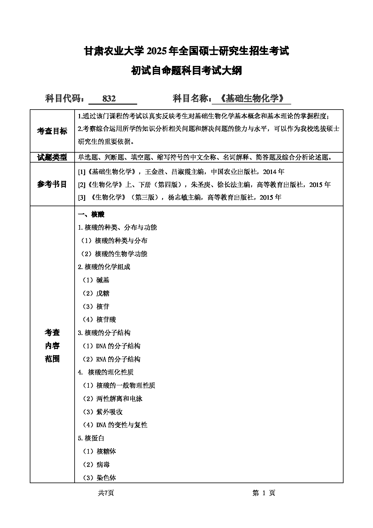 2025考研大纲：甘肃农业大学2025年考研自命题科目 832基础生物化学 考试大纲第1页