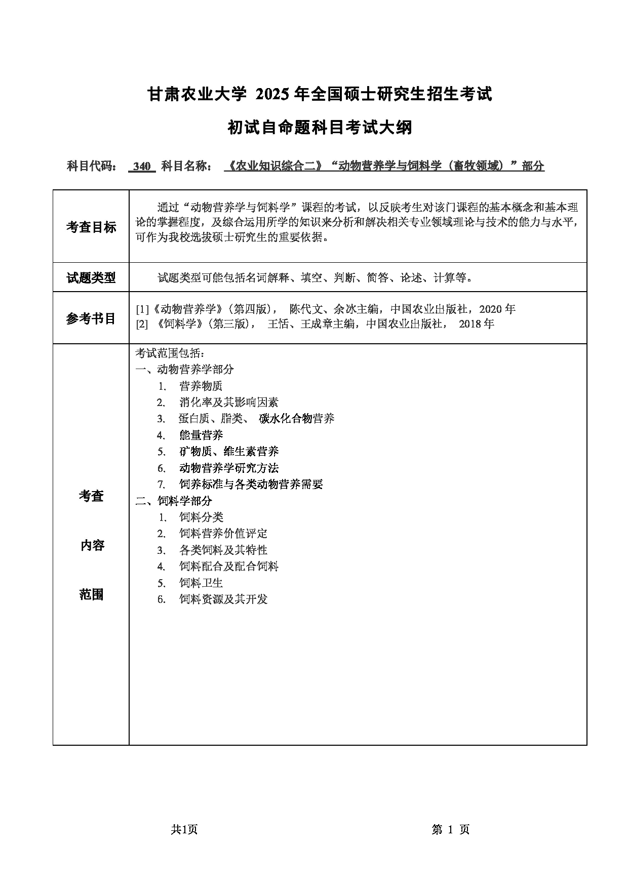 2025考研大纲：甘肃农业大学2025年考研340农业知识综合二（“动物营养学与饲料学（畜牧领域）”部分）考试大纲第1页