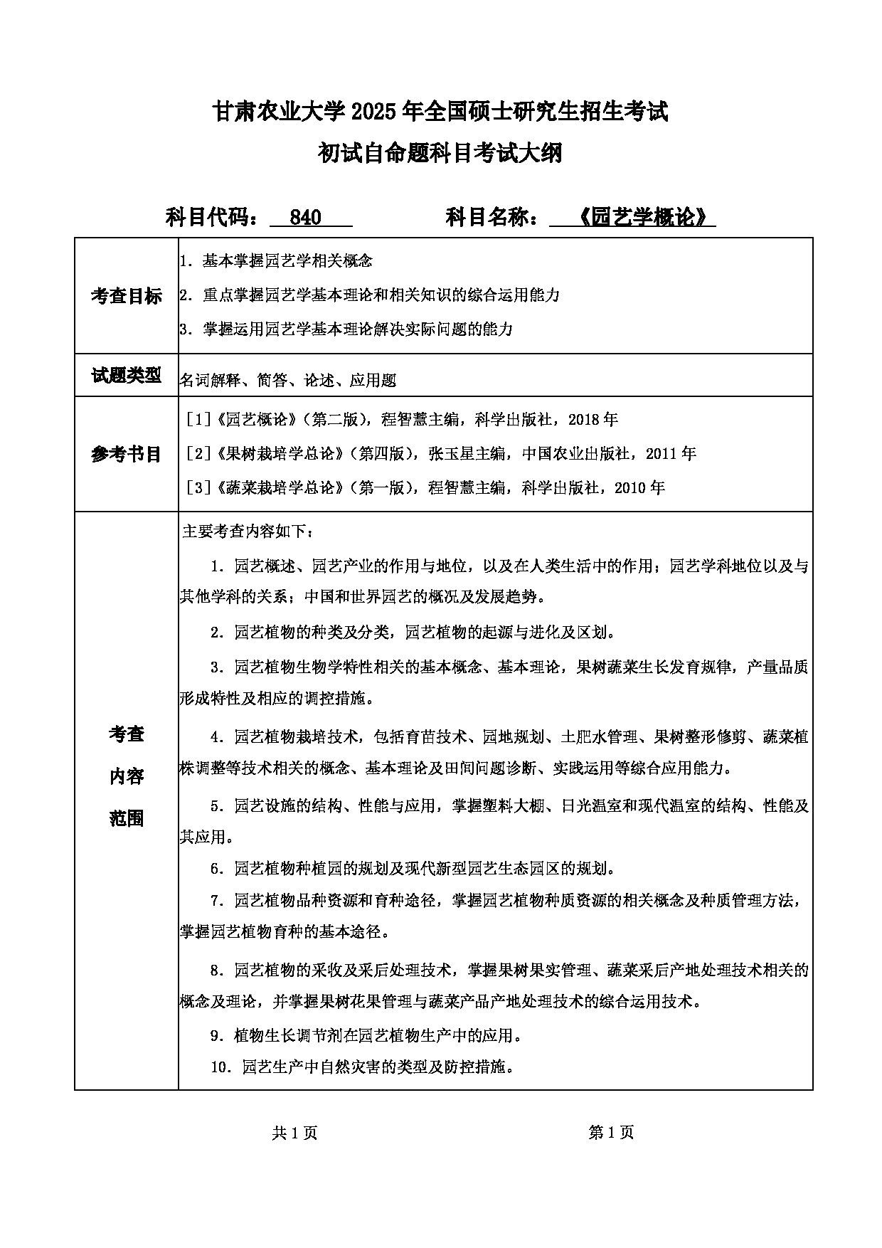 2025考研大纲：甘肃农业大学2025年考研自命题科目 840园艺学概论 考试大纲第1页