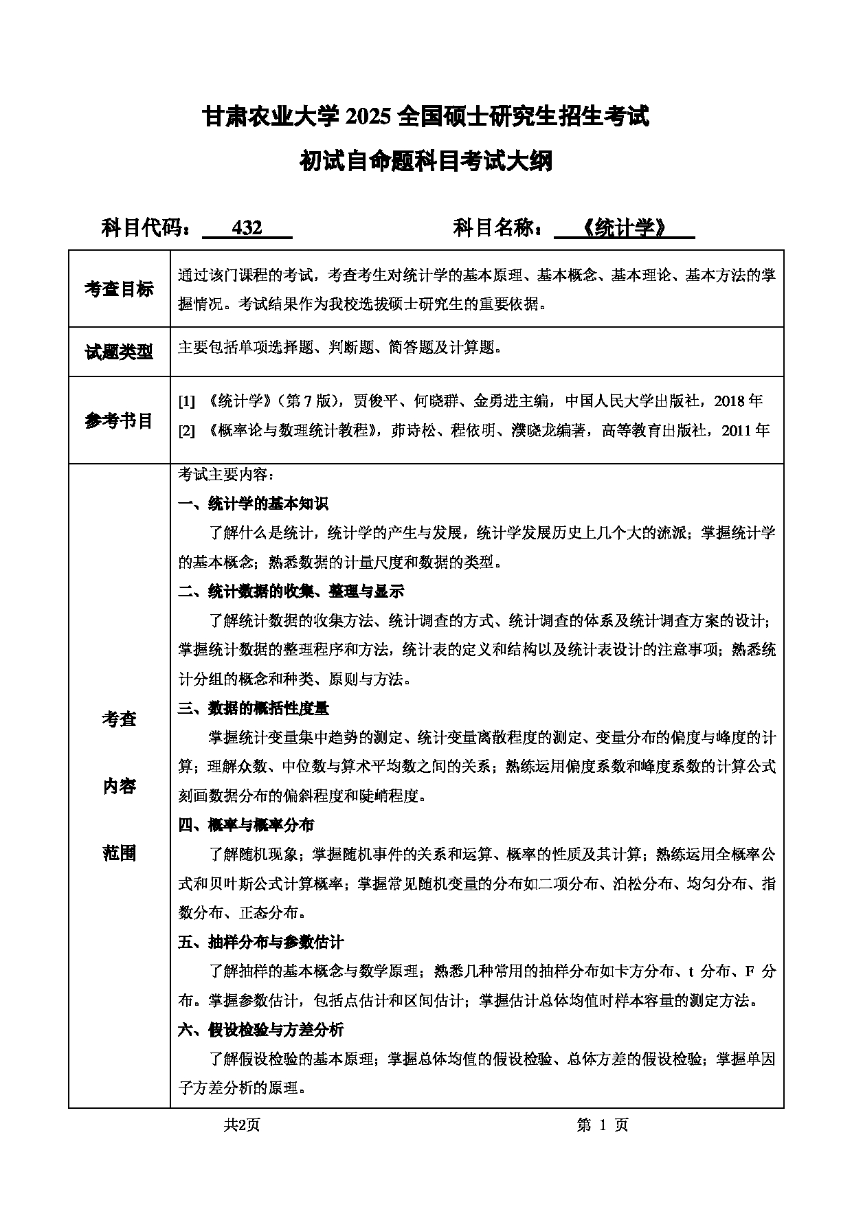 2025考研大纲：甘肃农业大学2025年考研自命题科目 432统计学 考试大纲第1页